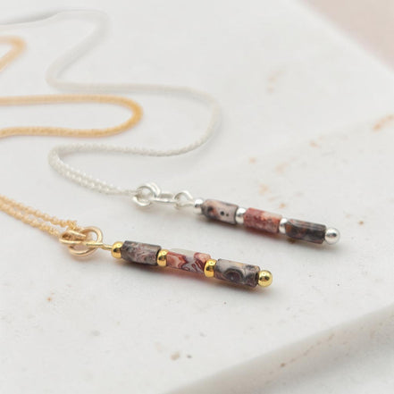 Bijou by SAM Wild Mesa necklaces featuring natural leopard skin jasper tube beads in 14k gold fill and sterling silver.