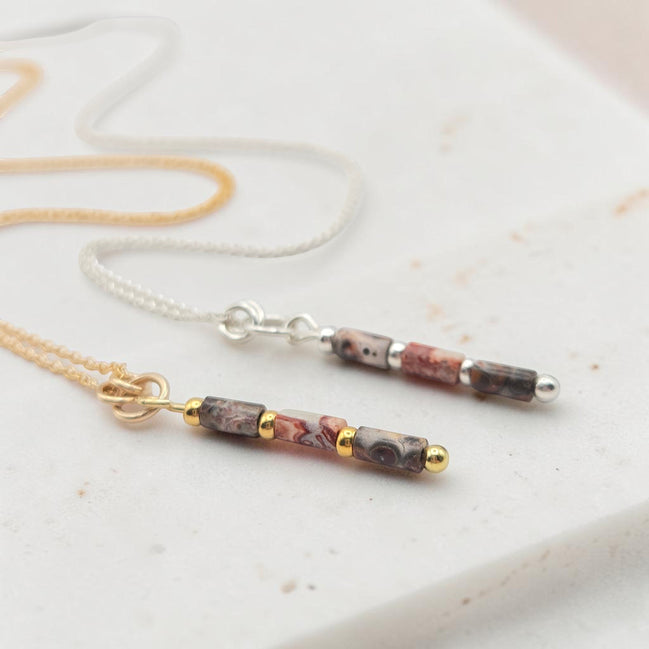 Bijou by SAM Wild Mesa necklaces featuring natural leopard skin jasper tube beads in 14k gold fill and sterling silver.