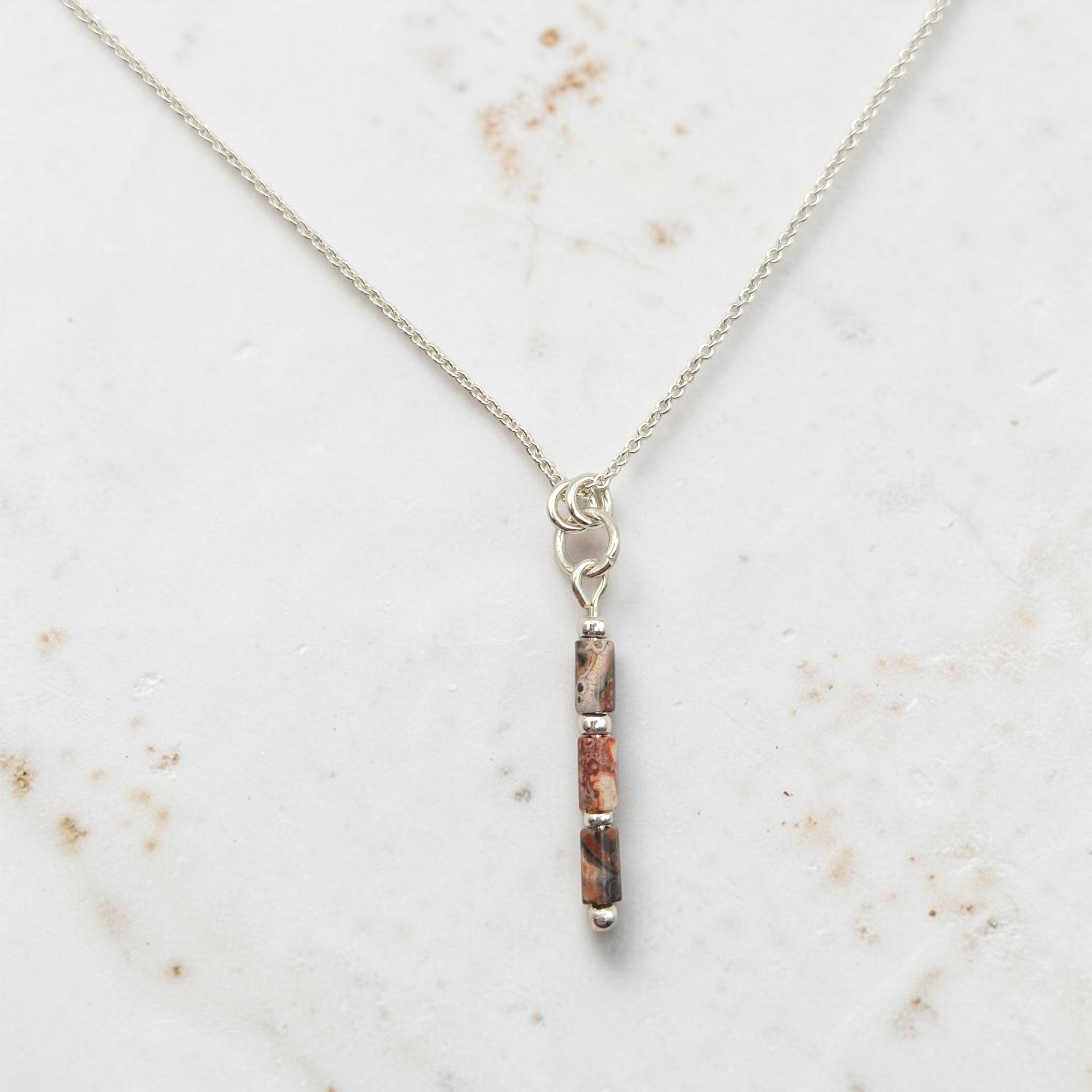 Bijou by SAM Wild Mesa necklace featuring natural Leopard Skin Jasper tube beads on a sterling silver chain.