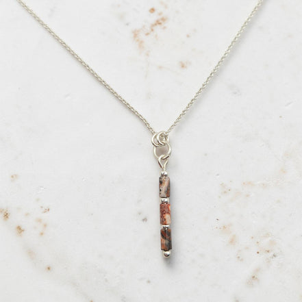 Bijou by SAM Wild Mesa necklace featuring natural Leopard Skin Jasper tube beads on a sterling silver chain.