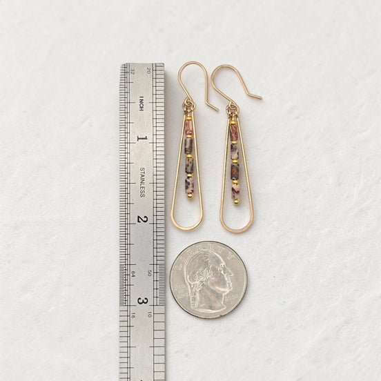 Bijou by SAM Wild Mesa teardrop earrings with Leopard Skin Jasper beads and 14k gold fill hoops next to a ruler.