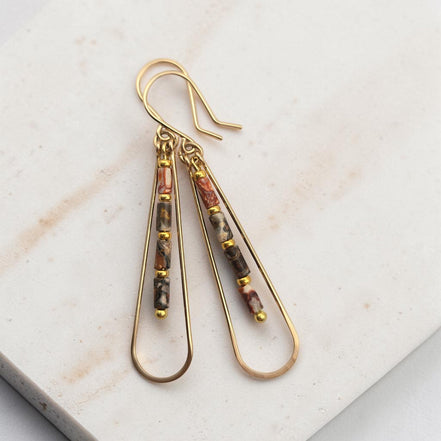 Bijou by SAM Wild Mesa teardrop hoop earrings featuring leopard skin jasper tube beads and 14k gold fill wire.