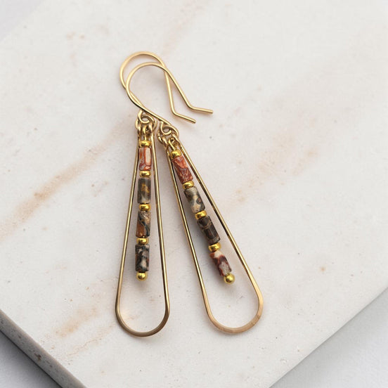 Bijou by SAM Wild Mesa teardrop hoop earrings featuring leopard skin jasper tube beads and 14k gold fill wire.