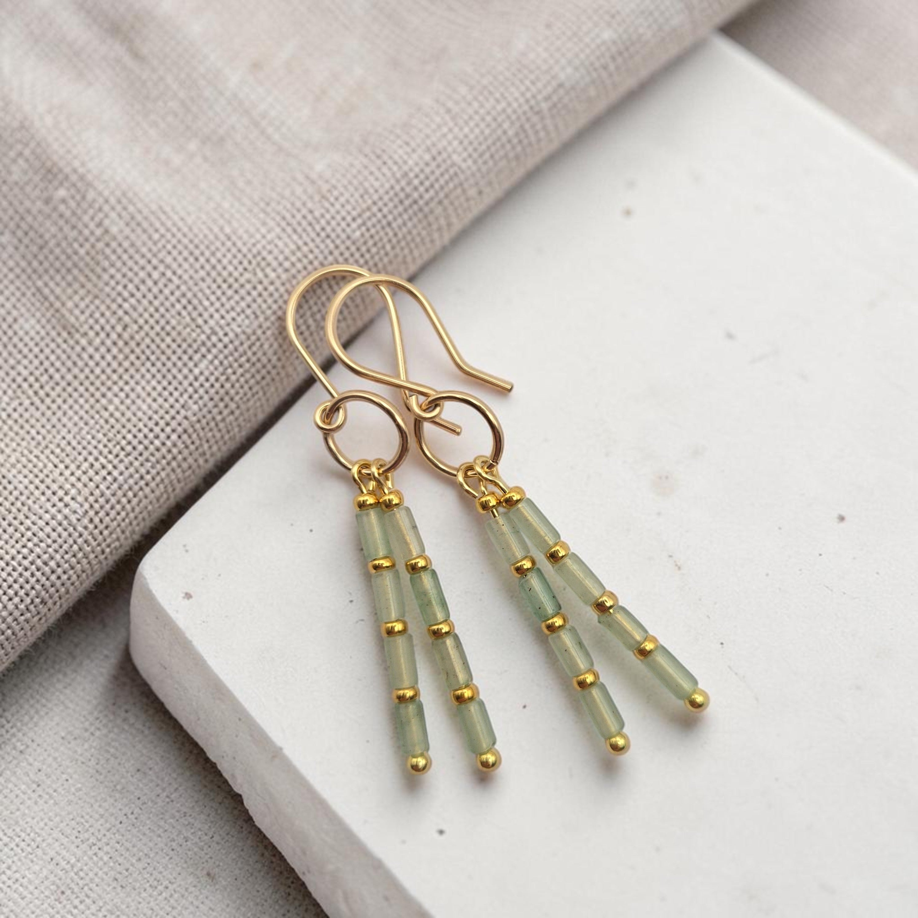 Bijou by SAM Mossy Creek earrings featuring green aventurine tube beads and 14k gold fill handmade hoops.