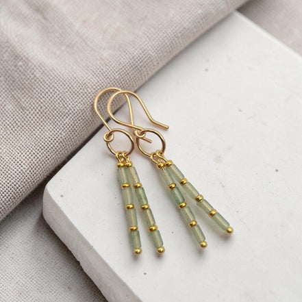 Bijou by SAM Mossy Creek earrings featuring green aventurine tube beads and 14k gold fill handmade hoops.