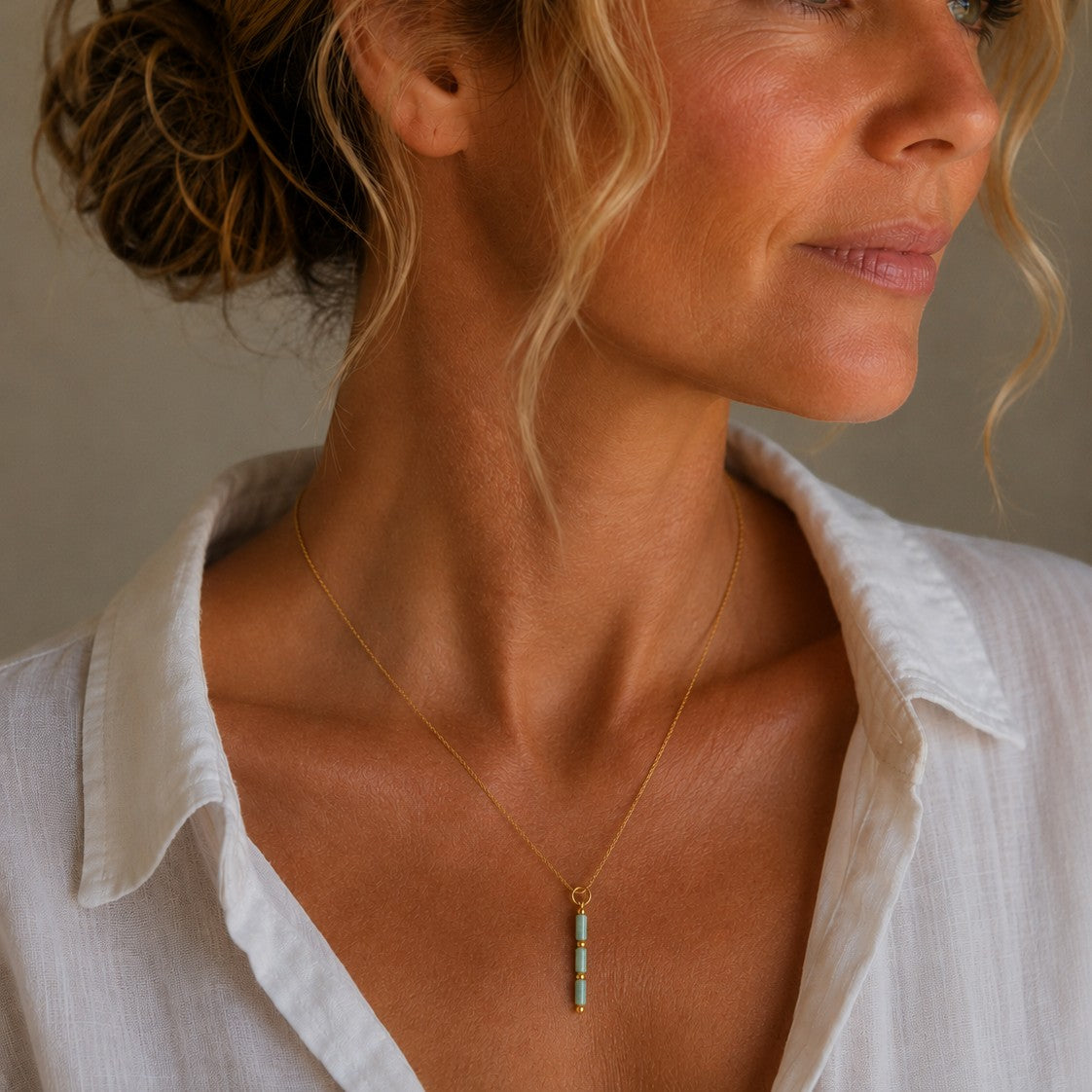Bijou by SAM Mossy Creek necklace featuring green aventurine tube beads on a delicate 14k gold fill chain