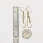 Bijou by SAM Mossy Creek teardrop earrings featuring green aventurine beads and 14k gold fill hoops next to a ruler.