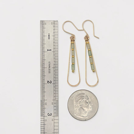 Bijou by SAM Mossy Creek teardrop earrings featuring green aventurine beads and 14k gold fill hoops next to a ruler.