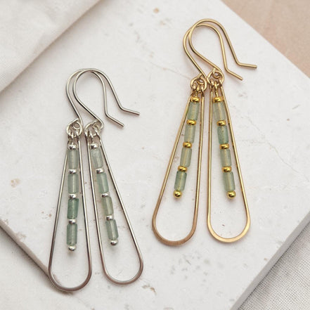 Bijou by SAM Mossy Creek teardrop earrings featuring green aventurine beads in gold fill and sterling silver hoops.