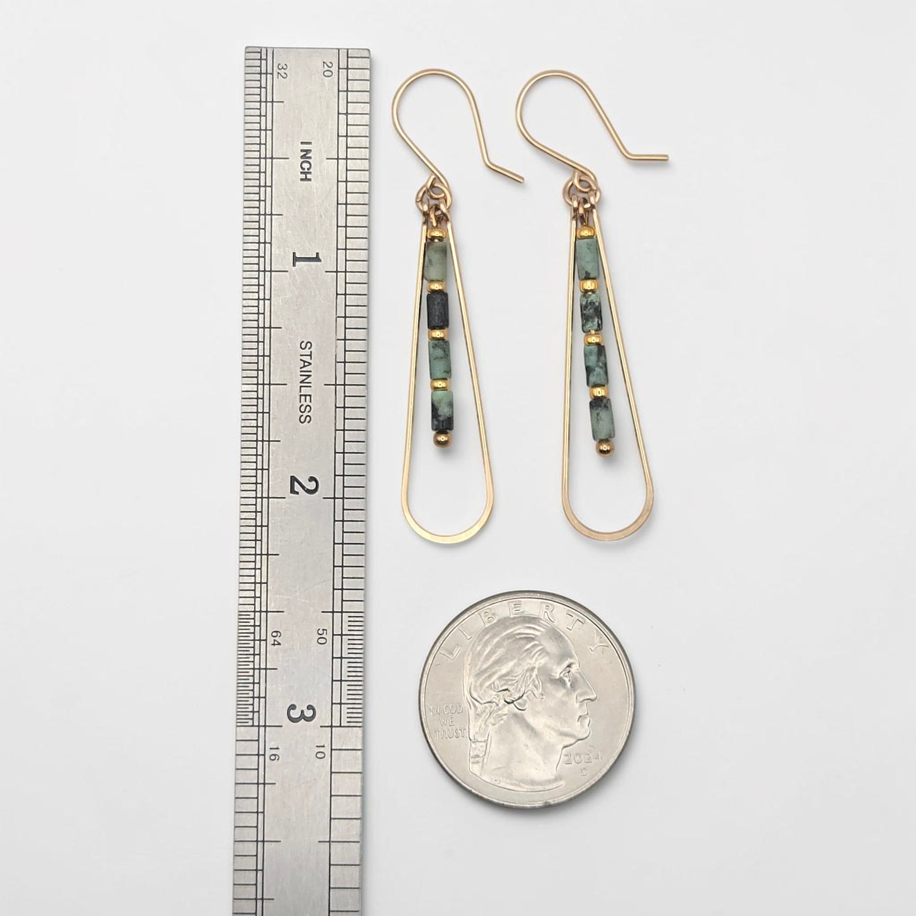 Bijou by SAM Mother Earth teardrop hoop earrings with African Turquoise beads and 14k gold fill, shown with scale.