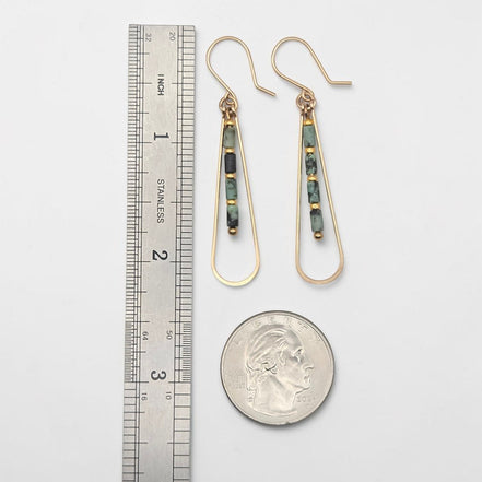 Bijou by SAM Mother Earth teardrop hoop earrings with African Turquoise beads and 14k gold fill, shown with scale.