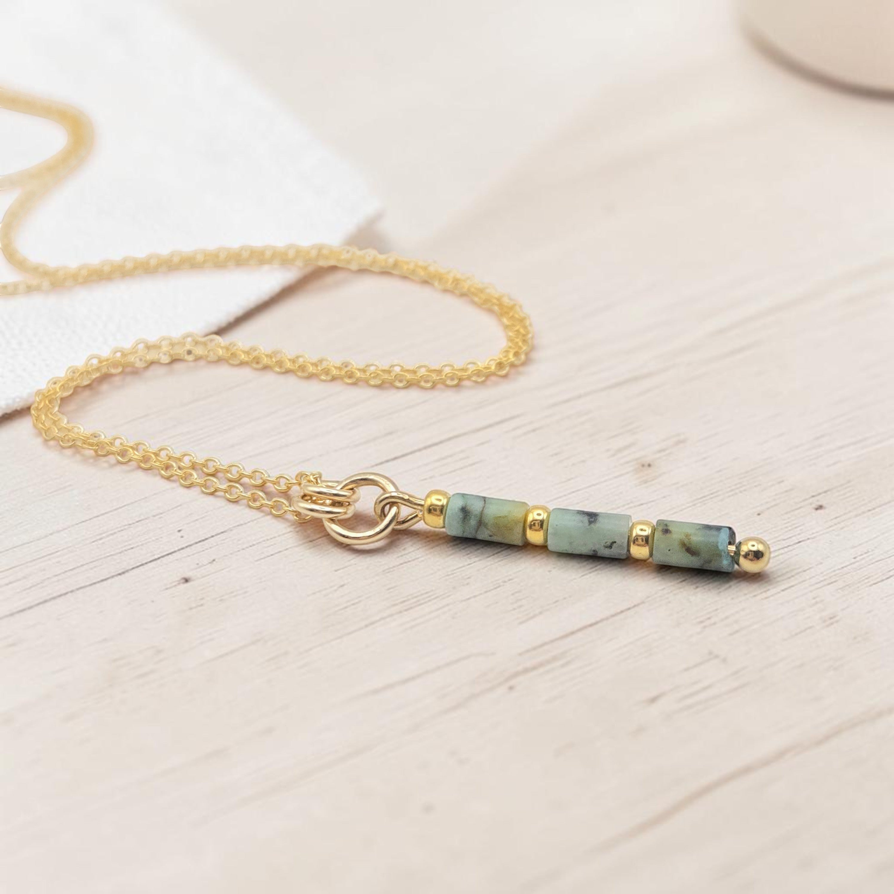 Bijou by SAM Mother Earth necklace featuring natural African Turquoise tube beads and 14k gold fill chain.