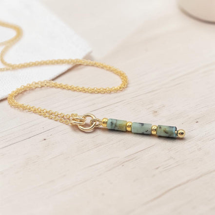 Bijou by SAM Mother Earth necklace featuring natural African Turquoise tube beads and 14k gold fill chain.