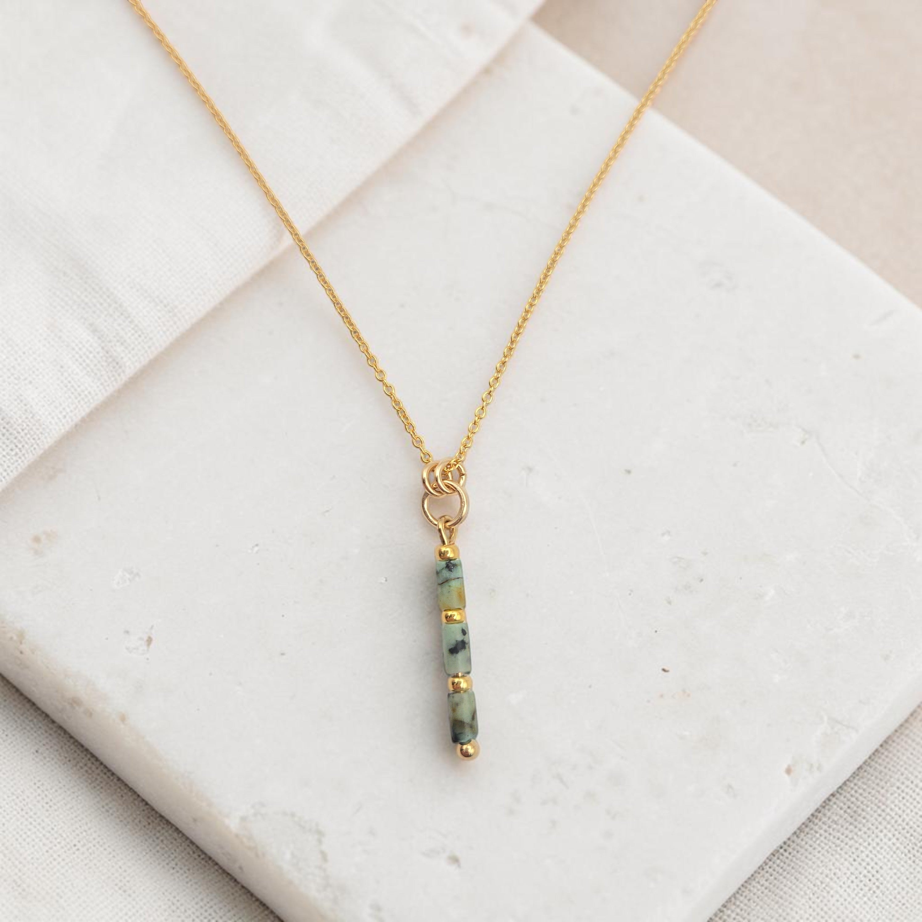 Bijou by SAM Mother Earth necklace featuring African Turquoise tube beads on a delicate 14k gold fill chain