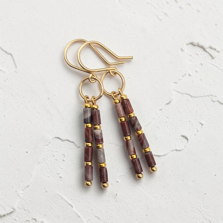 Bijou by SAM Painted Bluff earrings featuring natural red rainbow jasper tube beads and 14k gold fill dangle design.