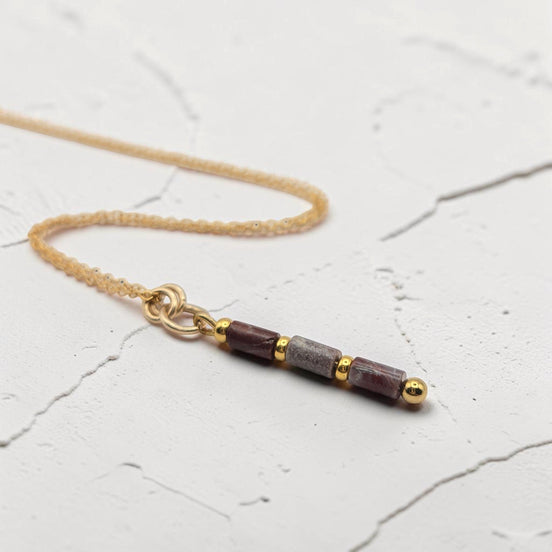 Bijou by SAM Painted Bluff necklace with natural red rainbow jasper tube beads and 14k gold fill chain.