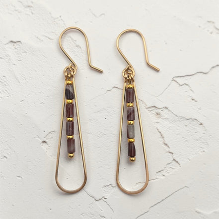 Bijou by SAM Painted Bluff teardrop hoop earrings featuring maroon and gray Red Rainbow Jasper beads in 14k gold fill.