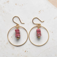 Bijou by SAM handmade gold hoop earrings featuring a delicate stack of square-cut pink Thulite gemstones