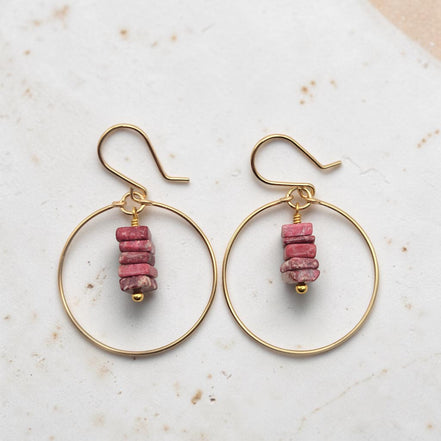 Bijou by SAM handmade gold hoop earrings featuring a delicate stack of square-cut pink Thulite gemstones