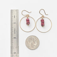 Bijou by SAM handmade hoop earrings featuring a stack of square-cut pink Thulite stones on gold wire