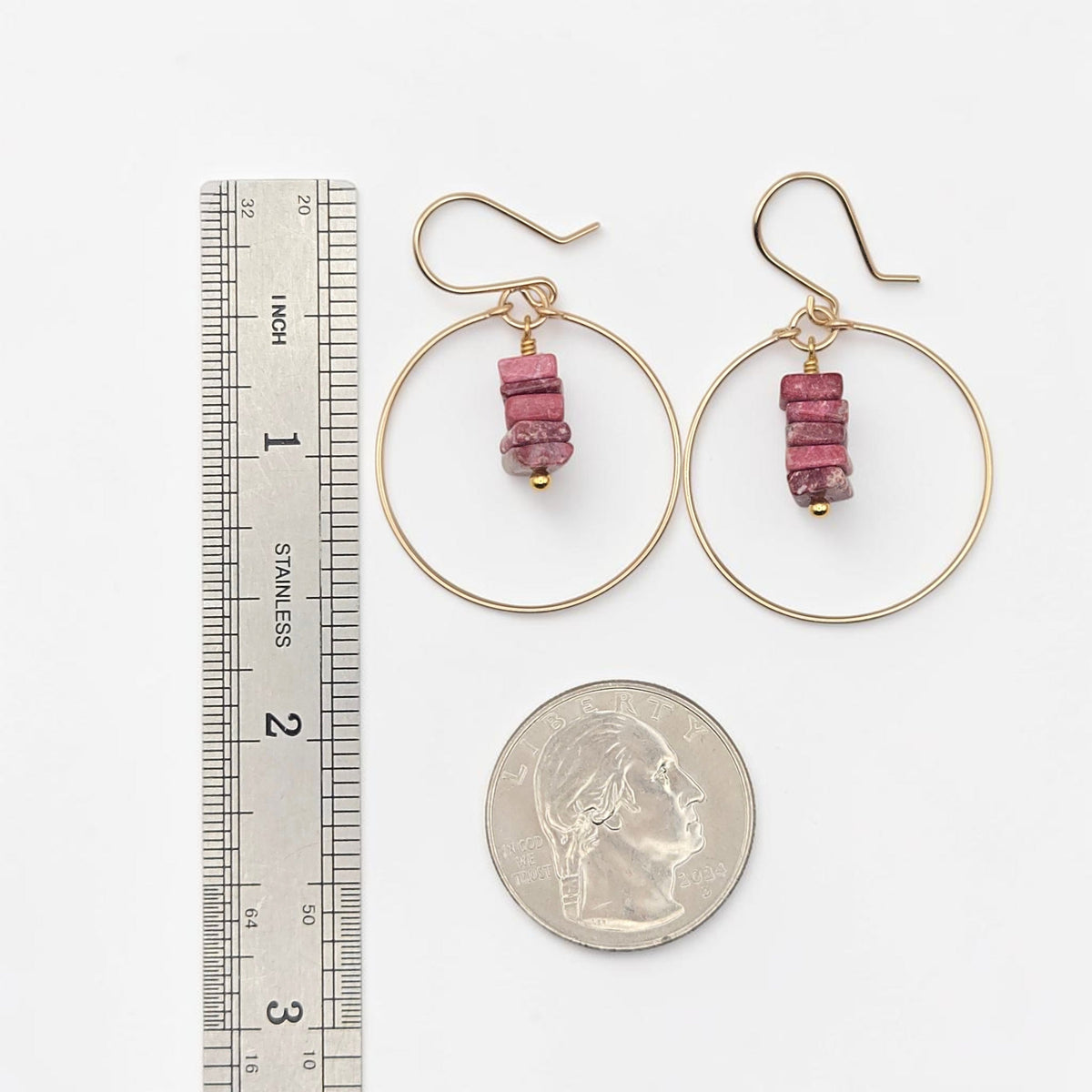 Bijou by SAM handmade hoop earrings featuring a stack of square-cut pink Thulite stones on gold wire
