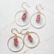 Bijou by SAM handmade hoop earrings featuring square-cut pink Thulite stones on gold and silver wire