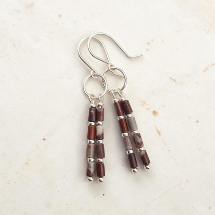 Bijou by SAM Painted Bluff dangle earrings featuring natural red rainbow jasper tube beads and sterling silver accents.