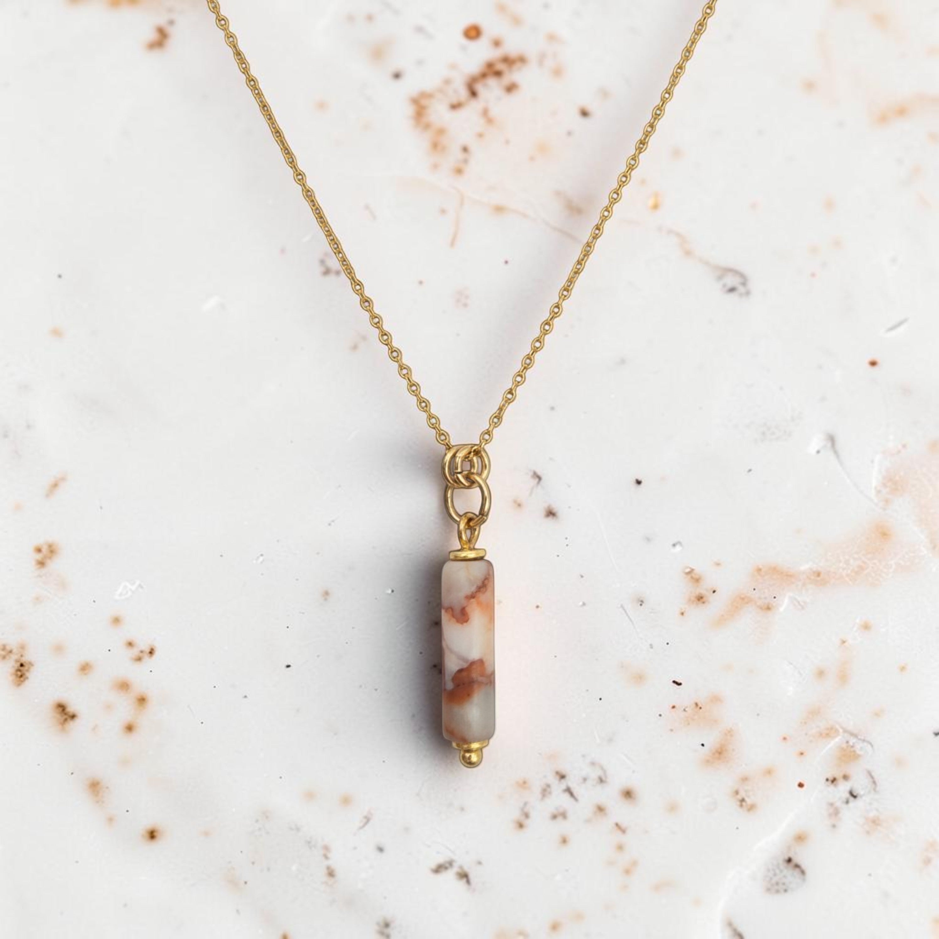 Bijou by SAM Olivia necklace featuring a cylindrical Redline Jasper bead on a delicate 14k gold fill chain.