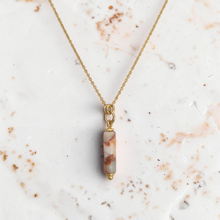 Bijou by SAM Olivia necklace featuring a cylindrical Redline Jasper bead on a delicate 14k gold fill chain.