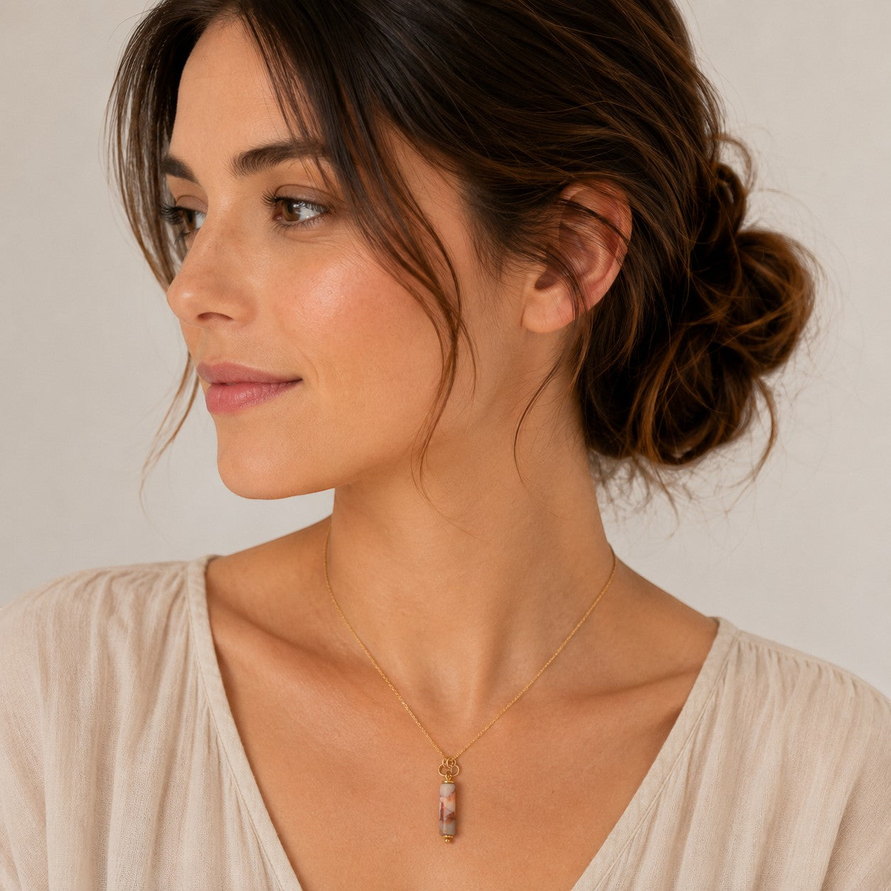Bijou by SAM Olivia necklace featuring a natural Redline Jasper cylinder pendant on a delicate gold chain