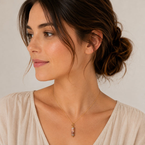 Bijou by SAM Olivia necklace featuring a natural Redline Jasper cylinder pendant on a delicate gold chain