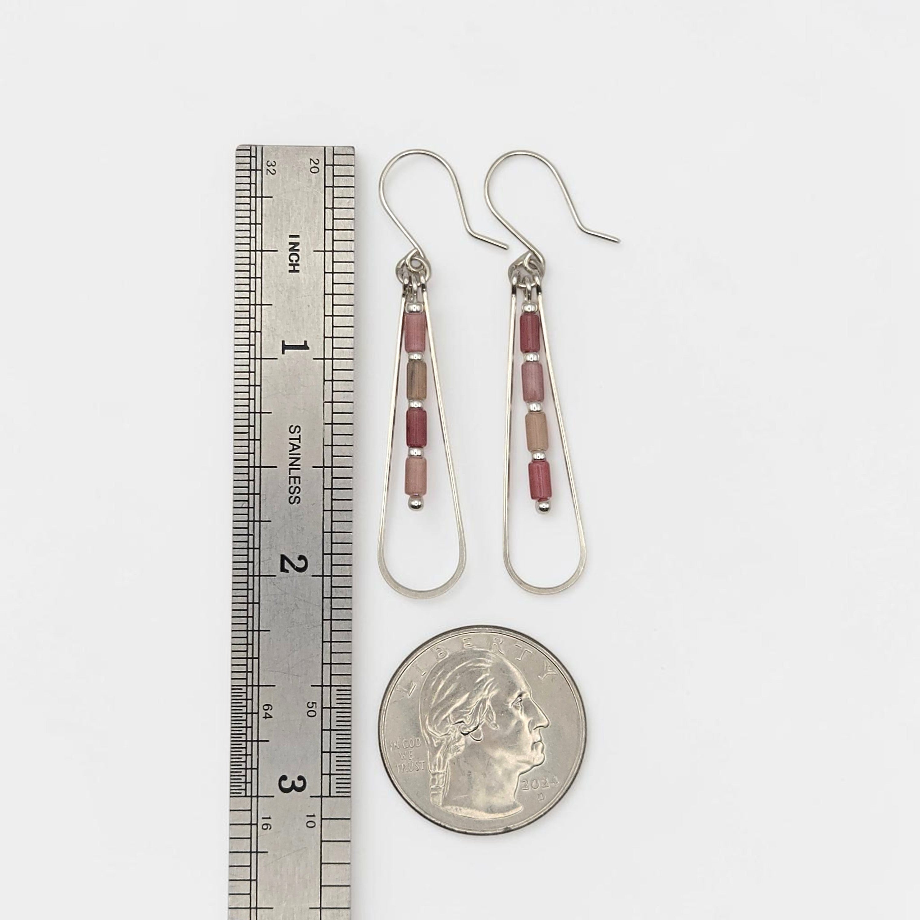 Bijou by SAM Rose Bluff teardrop hoop earrings with pink Rhodonite tube beads in Argentium Sterling Silver.