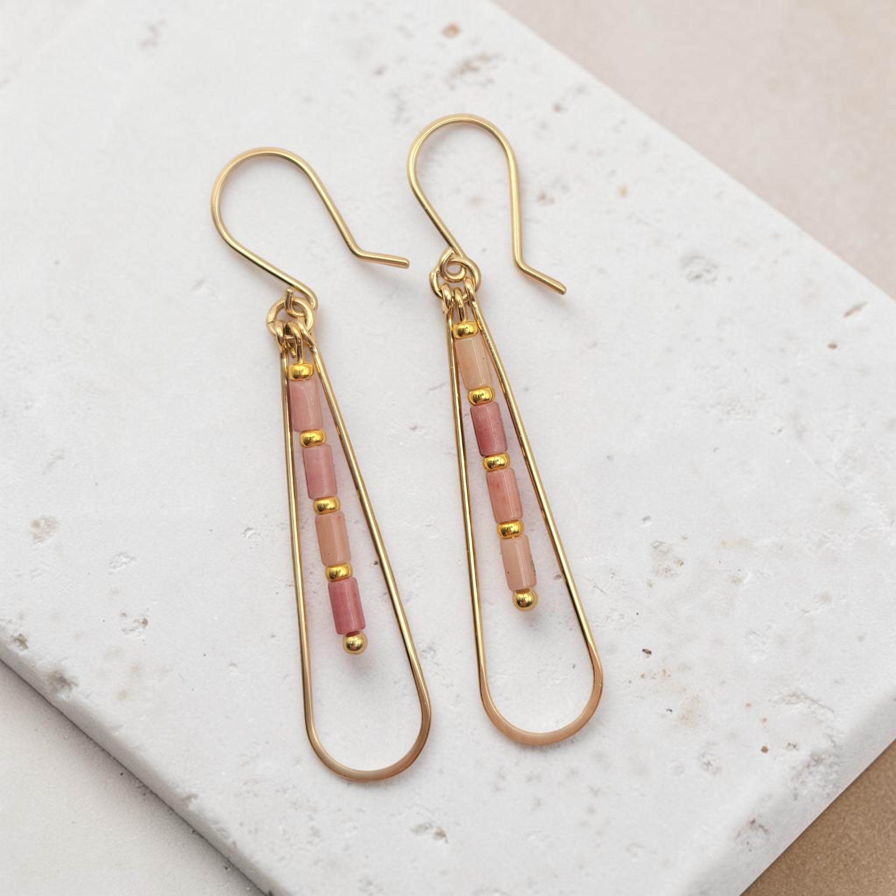 Bijou by SAM Rose Bluff teardrop hoop earrings with pink rhodonite tube beads and 14k gold fill wire.