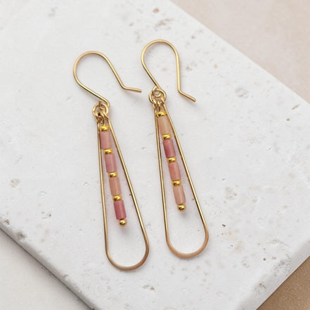Bijou by SAM Rose Bluff teardrop hoop earrings with pink rhodonite tube beads and 14k gold fill wire.