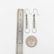 Bijou by SAM River Stone teardrop earrings with Amazonite tube beads and sterling silver hoops shown with a ruler.