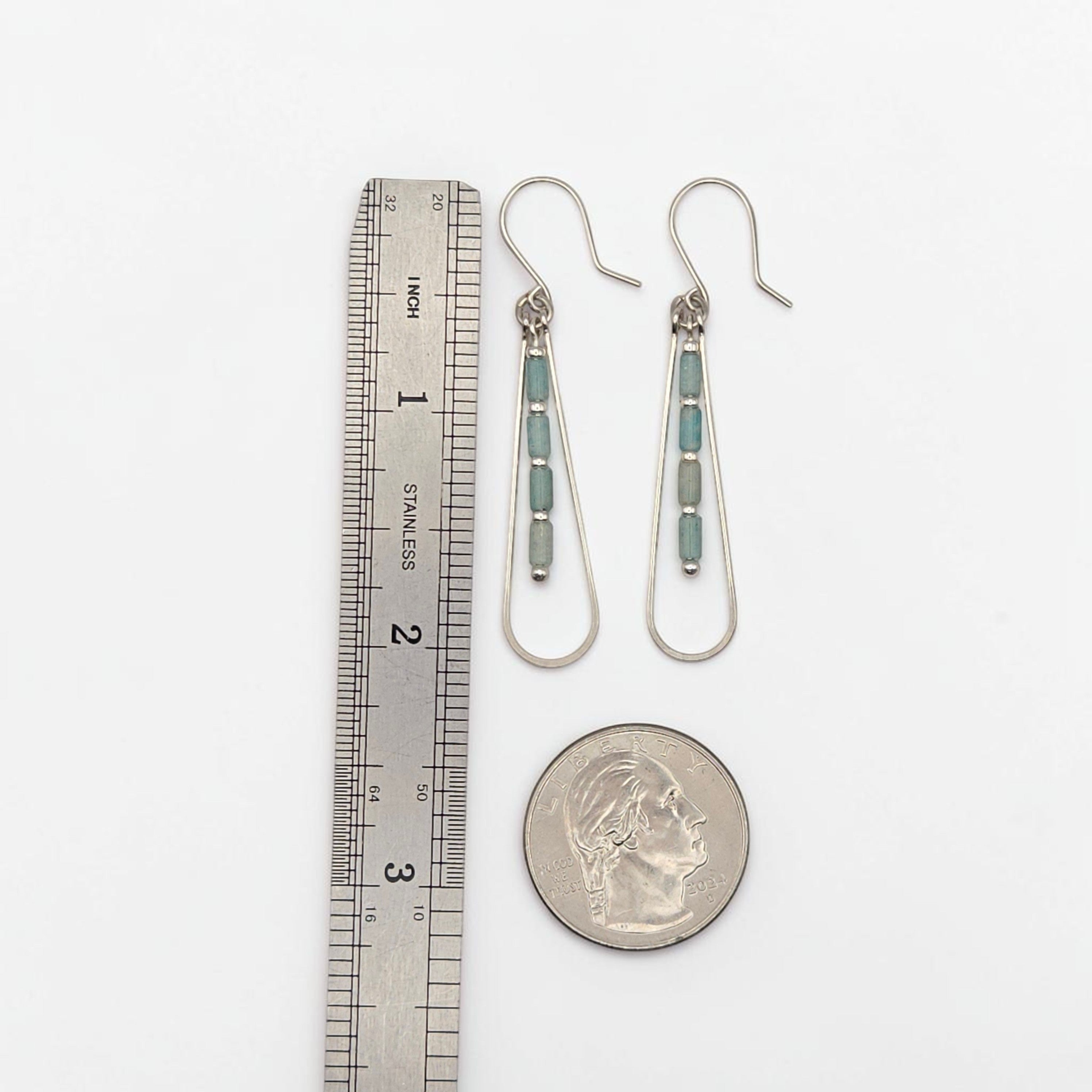 Bijou by SAM River Stone teardrop earrings with Amazonite tube beads and sterling silver hoops shown with a ruler.