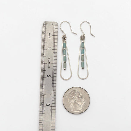 Bijou by SAM River Stone teardrop earrings with Amazonite tube beads and sterling silver hoops shown with a ruler.