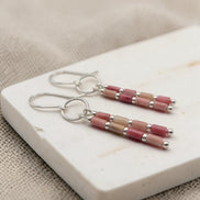 Bijou by SAM Rose Bluff dangle earrings featuring pink rhodonite tube beads and sterling silver handmade hoops.