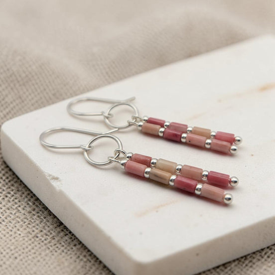 Bijou by SAM Rose Bluff dangle earrings featuring pink rhodonite tube beads and sterling silver handmade hoops.