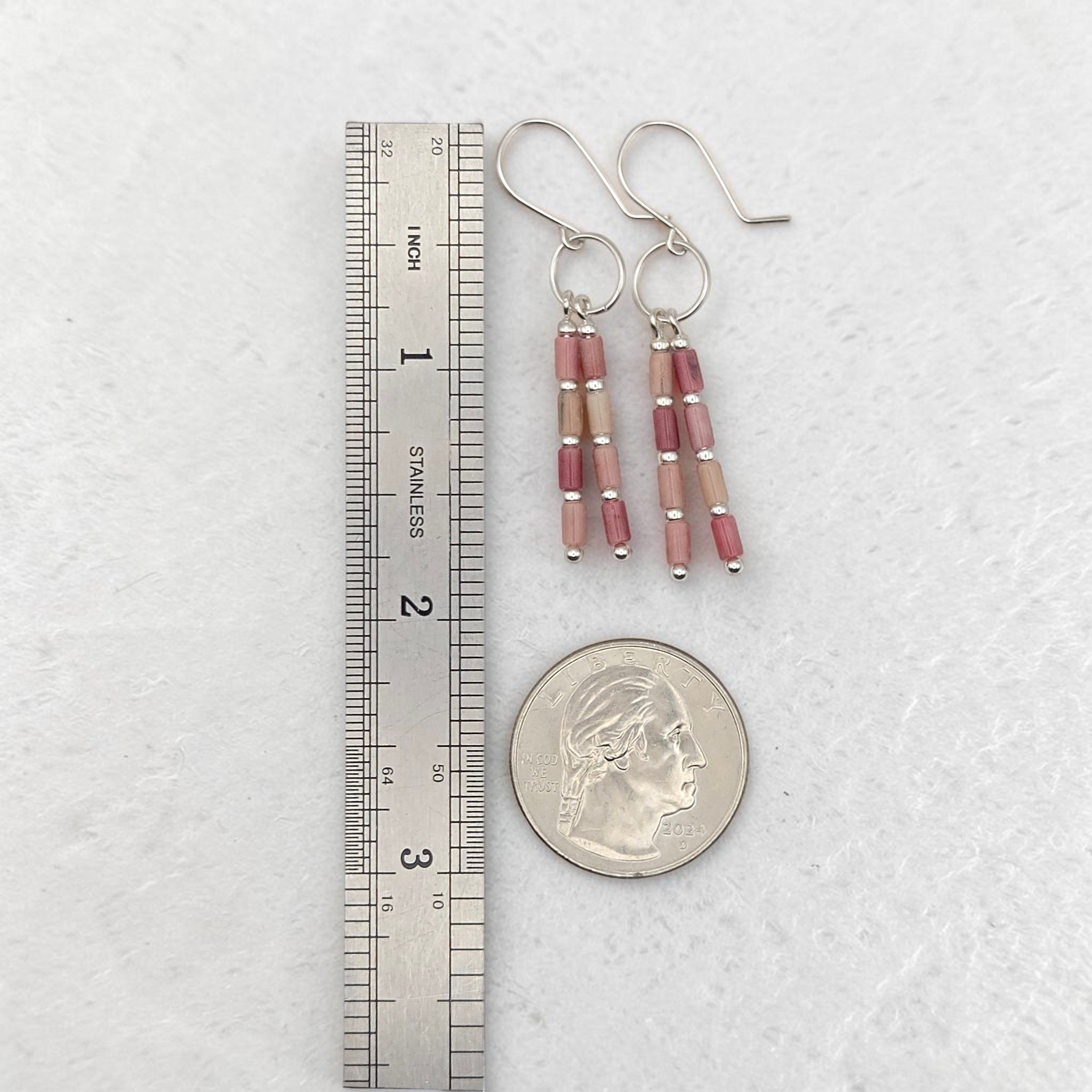 Bijou by SAM Rose Bluff earrings featuring pink rhodonite tube beads on sterling silver hoops with size reference.