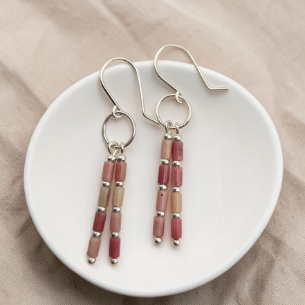 Bijou by SAM Rose Bluff dangle earrings featuring pink rhodonite tube beads and sterling silver hoops.