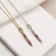 Bijou by SAM Rose Bluff necklaces featuring natural pink rhodonite tube beads on gold fill and sterling silver chains.