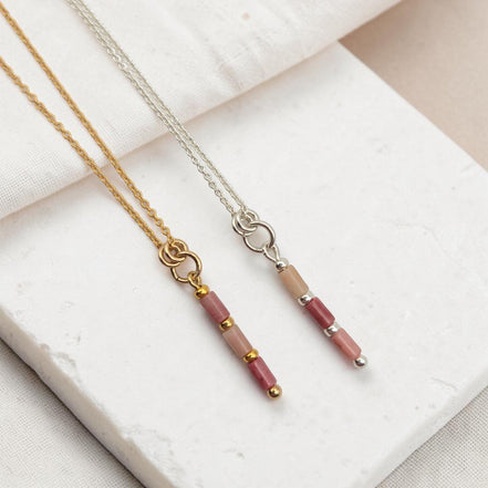 Bijou by SAM Rose Bluff necklaces featuring natural pink rhodonite tube beads on gold fill and sterling silver chains.