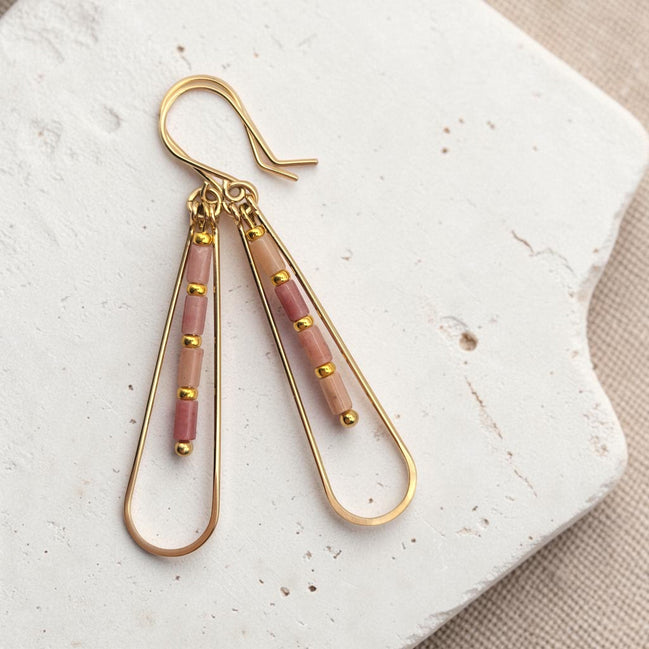 Bijou by SAM Rose Bluff teardrop earrings with pink rhodonite tube beads and 14k gold fill hoops on white stone.