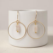 Bijou by SAM handmade gold hoop earrings featuring a delicate stack of pale pink square-cut rose quartz gemstones.