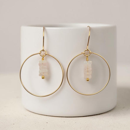 Bijou by SAM handmade gold hoop earrings featuring a delicate stack of pale pink square-cut rose quartz gemstones.