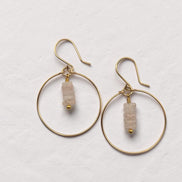 Bijou by SAM handmade gold hoop earrings featuring a delicate stack of square-cut pale pink rose quartz gemstones.