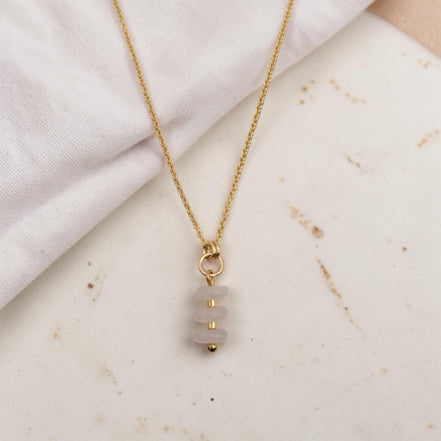 Bijou by SAM Aurora necklace featuring three soft blush rose quartz beads on a delicate 14k gold fill chain.