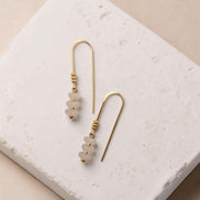 Bijou by SAM Aurora threader earrings featuring blush pink rose quartz beads on 14k gold filled wire on a stone base.