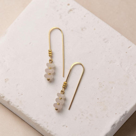 Bijou by SAM Aurora threader earrings featuring blush pink rose quartz beads on 14k gold filled wire on a stone base.